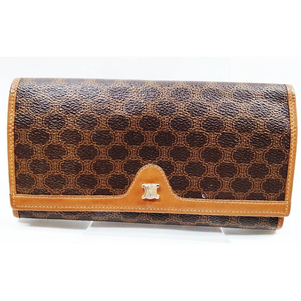 Celine Vintage Macadam Canvas Triomphe Long Wallet Brown Leather M11 Italy